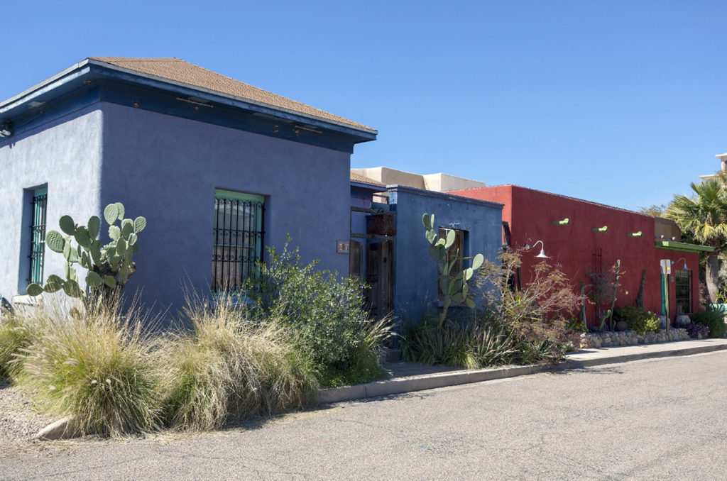 Picture of blue and red adobe houses
